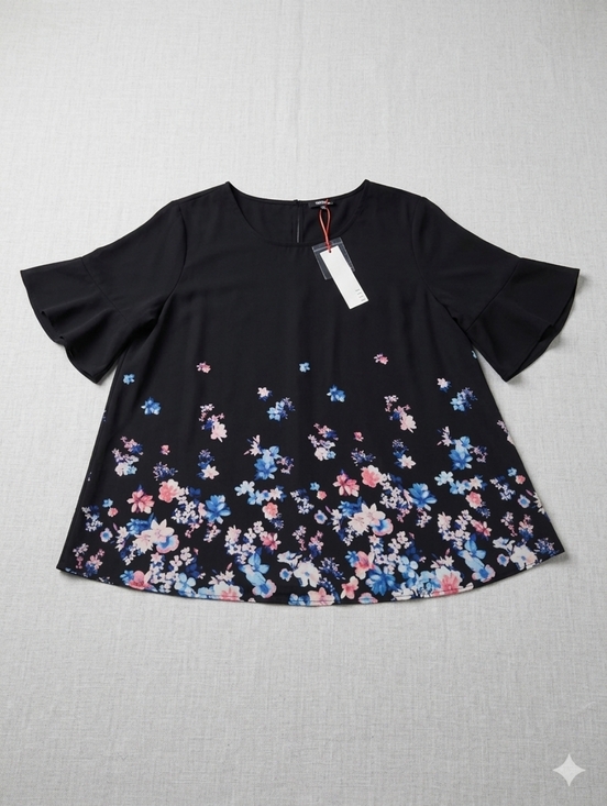 Elle Tops - Elle Womens Black Floral Border Print Short Sleeve Top New Size L